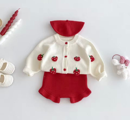 Baby Girl Strawberry Knit Cardigan & Ruffle Shorts Set – 2-Piece Outfit. Size 6 months