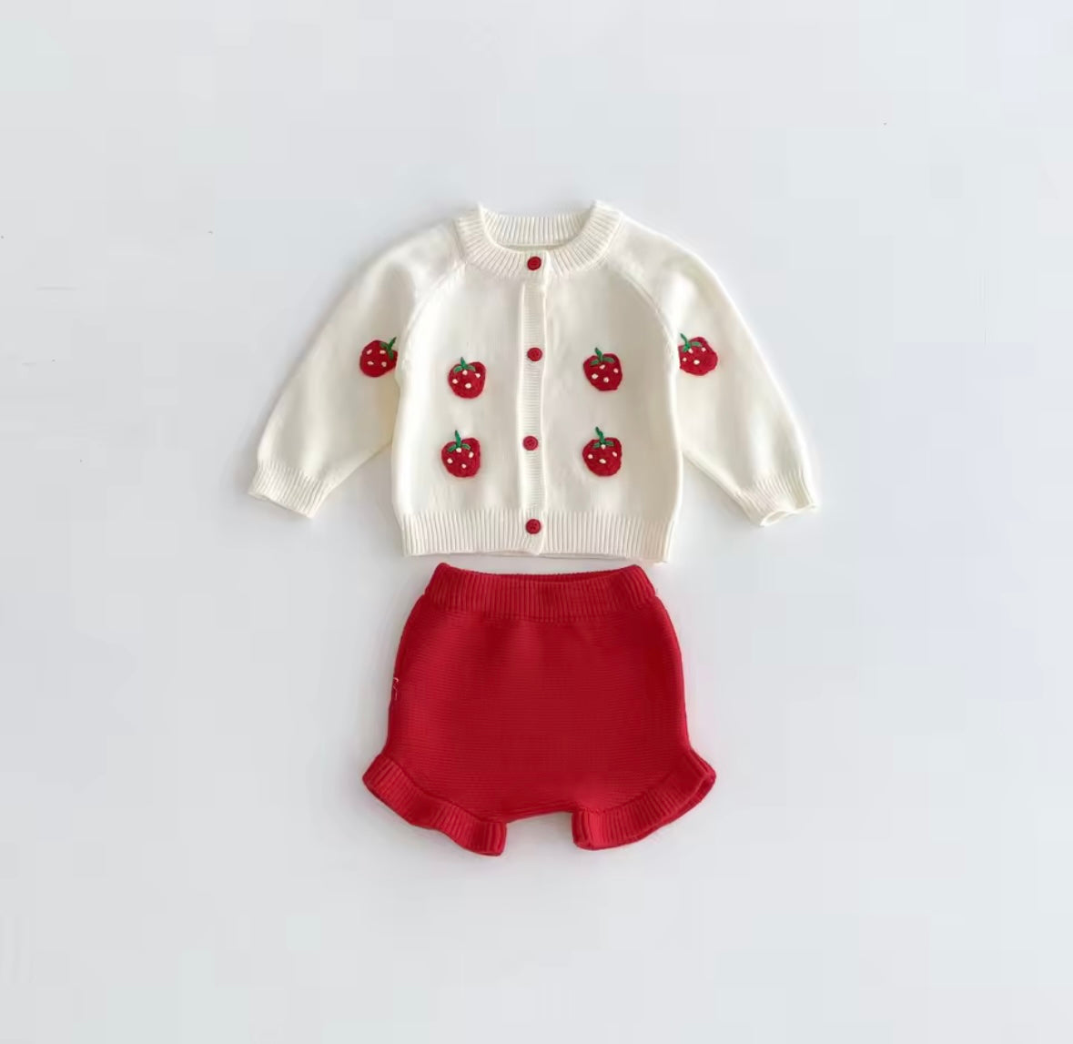 Baby Girl Strawberry Knit Cardigan & Ruffle Shorts Set – 2-Piece Outfit. Size 6 months