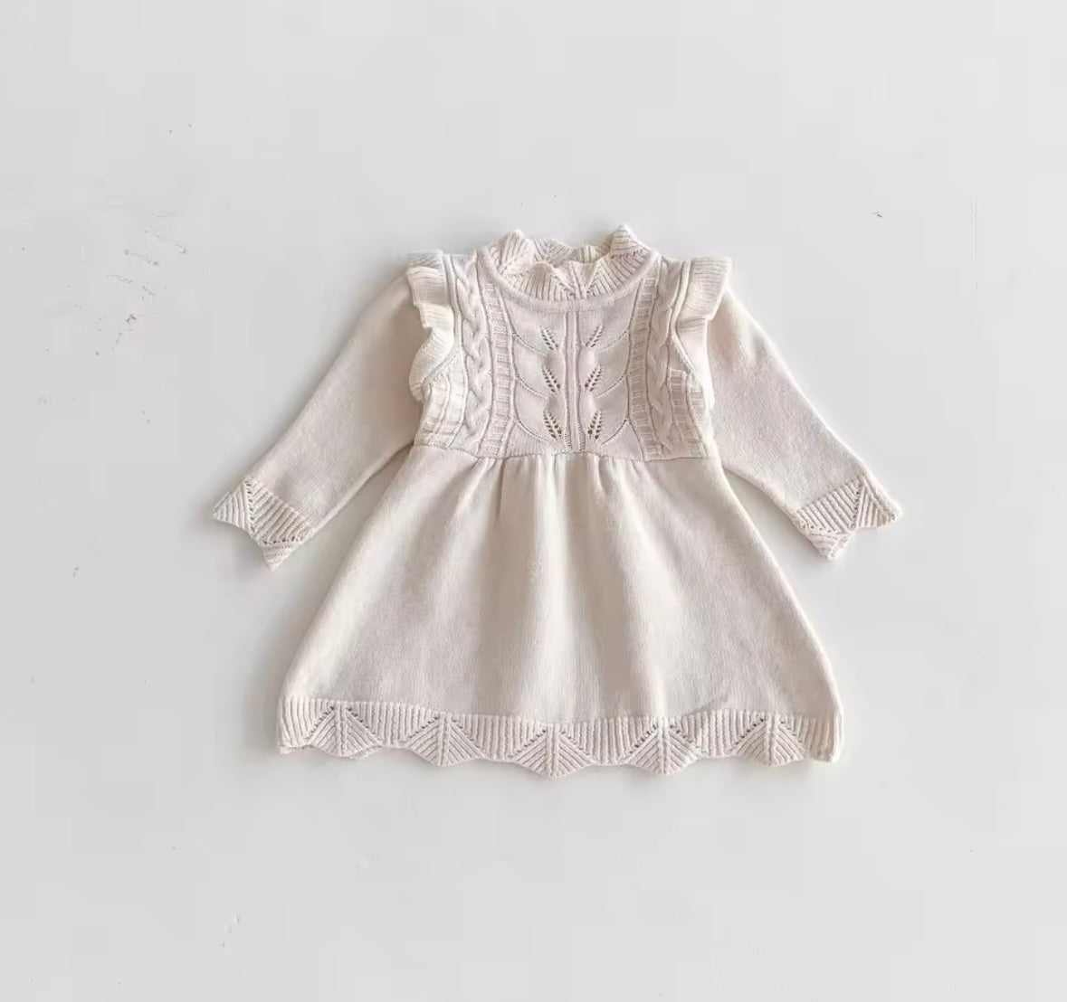 Baby Girl Long Sleeve Knit Dress – Cream Ruffle & Cable Detail Sizes 6-9month and 12-18m