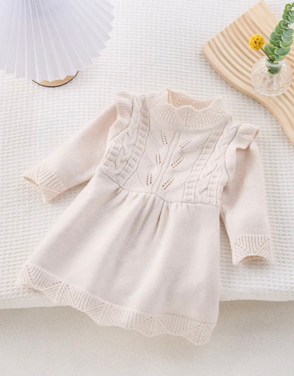 Baby Girl Long Sleeve Knit Dress – Cream Ruffle & Cable Detail Sizes 6-9month and 12-18m