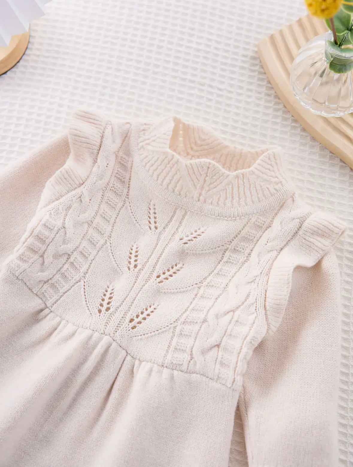 Baby Girl Long Sleeve Knit Dress – Cream Ruffle & Cable Detail Sizes 6-9month and 12-18m