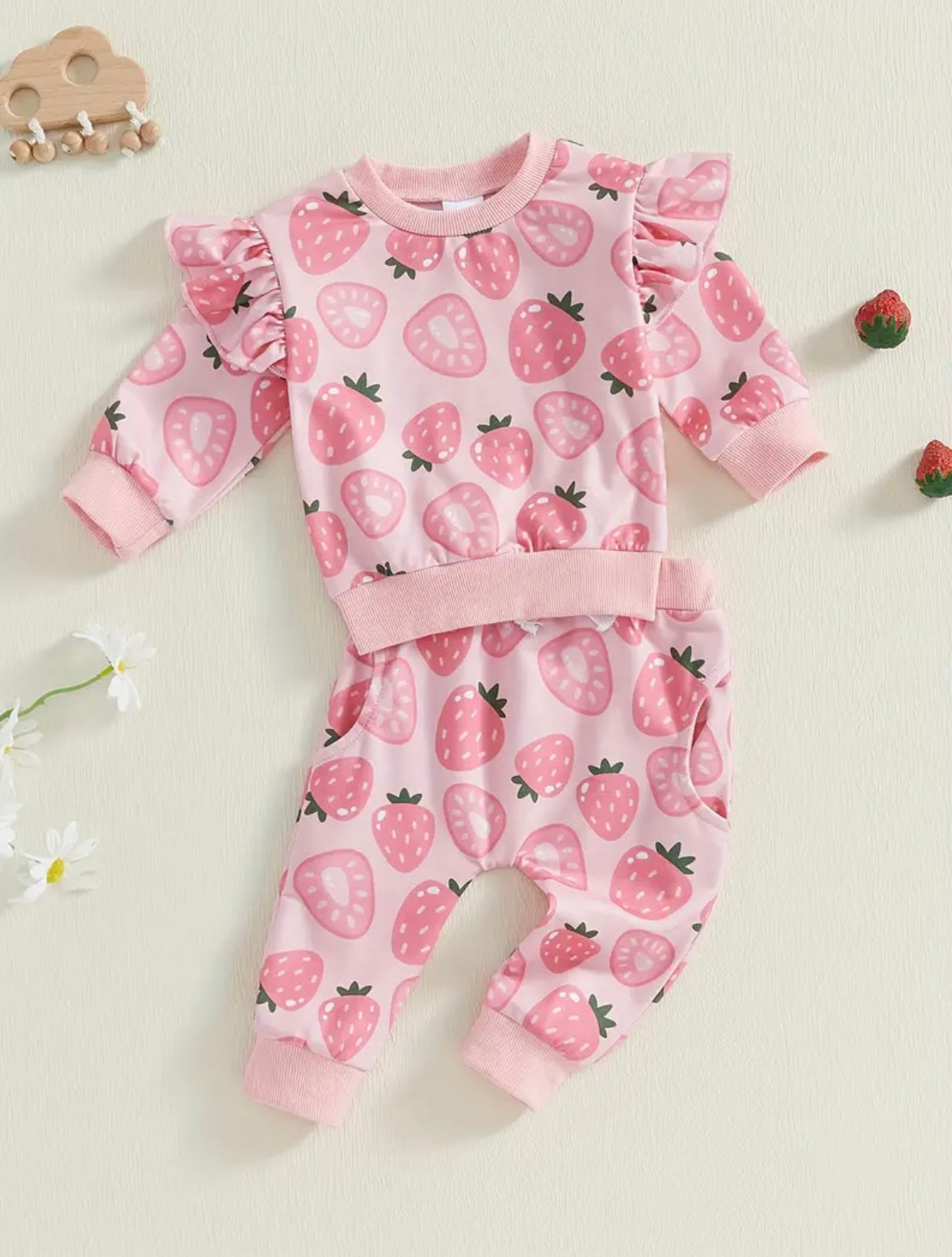 Baby & Toddler Strawberry Print Sweatshirt & Jogger Set – Pink. Size3-6months