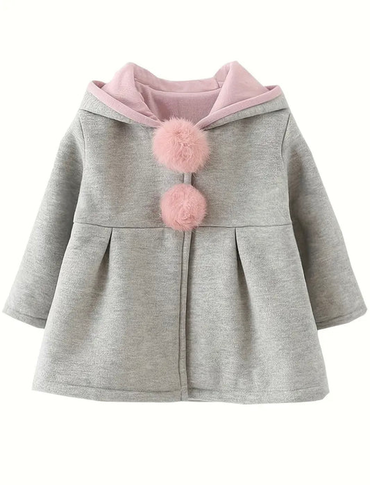 Ultra-Soft Girls’ Hooded Coat with Pink Pom Poms – Size 4–5Y