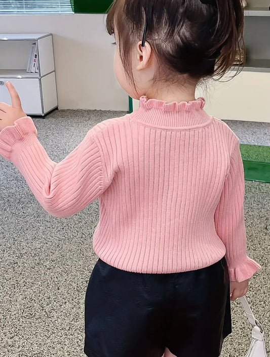 Girls Pink Ruffle Knit Sweater with Strawberry Embroidery. Size 18-24 months