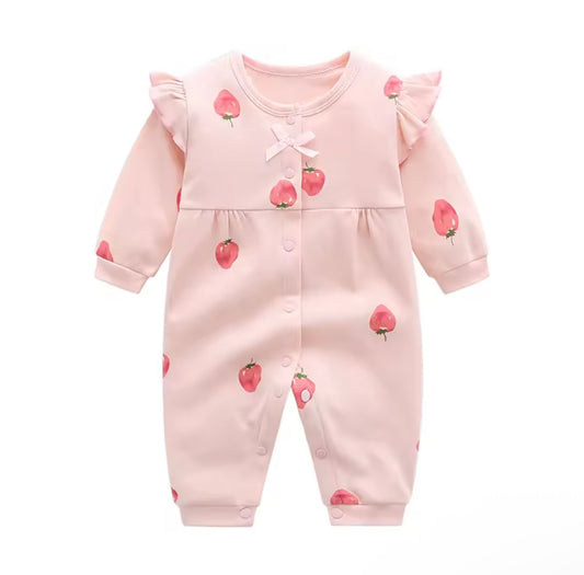 Baby Girl Strawberry Print Long Sleeve Romper. Size 0-3 months