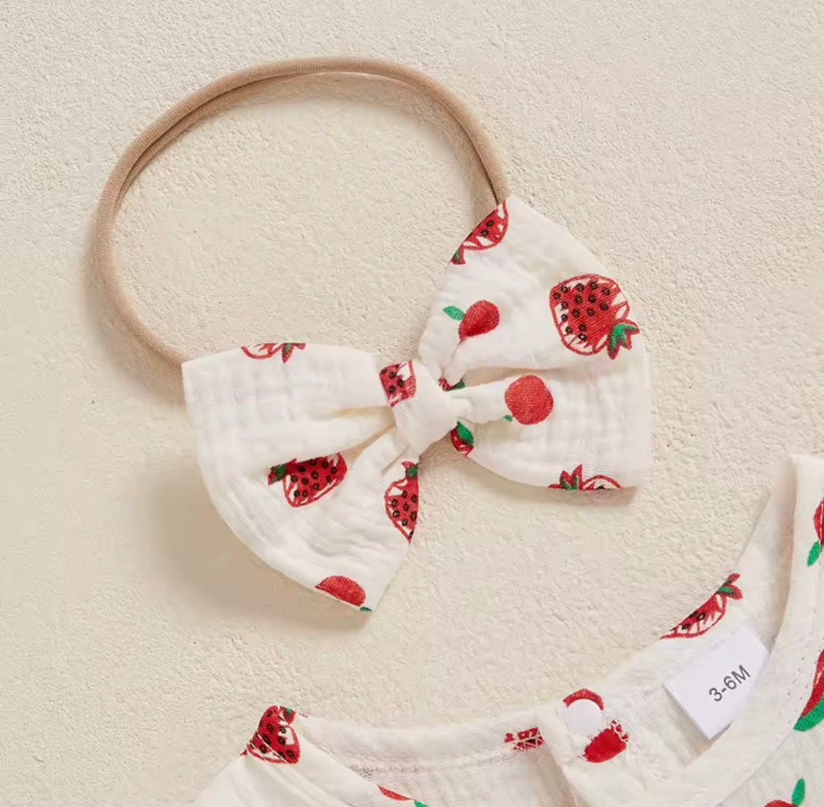 Baby Girl Summer Strawberry Romper with Headband – Flutter Sleeve Bodysuit. Size 0-3months