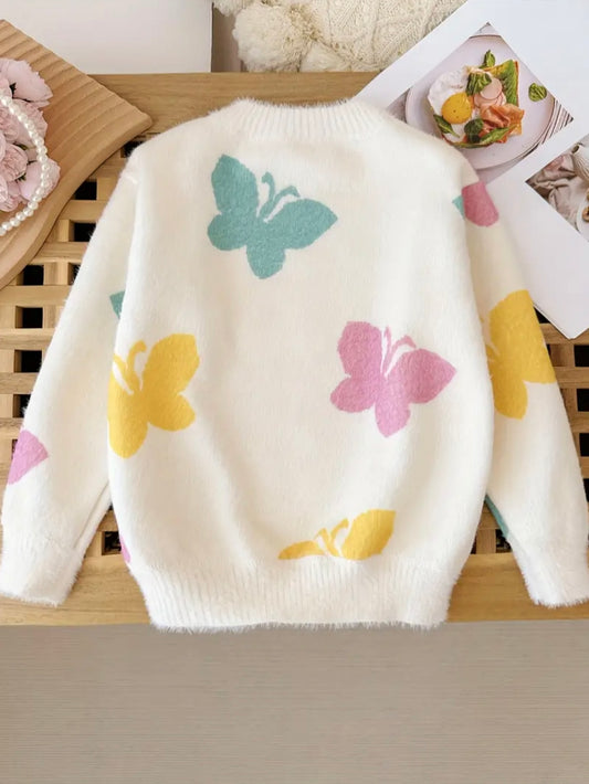 Girls’ Cozy Knit Sweater – White with Colorful Butterfly Print (Size 3–4 Years)