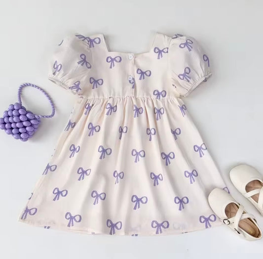 Toddler Girl Puff Sleeve Dress with Lavender Bow Print – Size 4Y