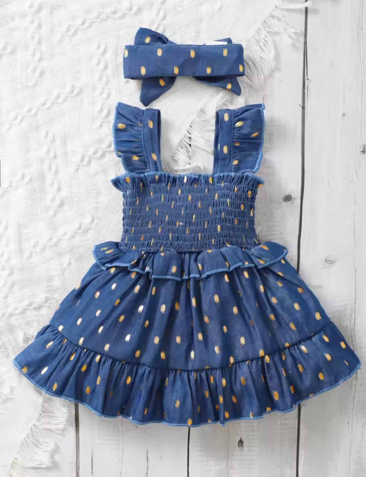 Baby Girl Denim Ruffle Dress & Matching Headband – 6-9 Months