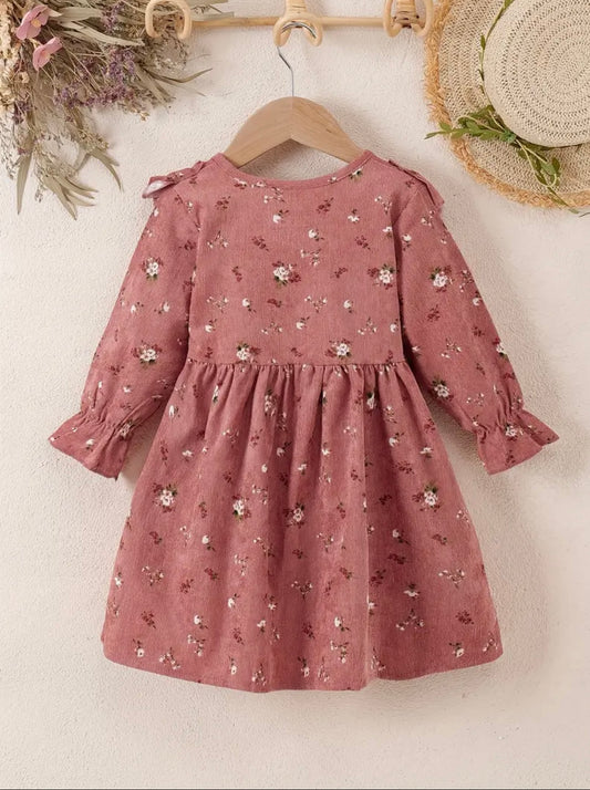 Girls’ Pink Floral Ruffle Long-Sleeve Dress | Size 4-5Y