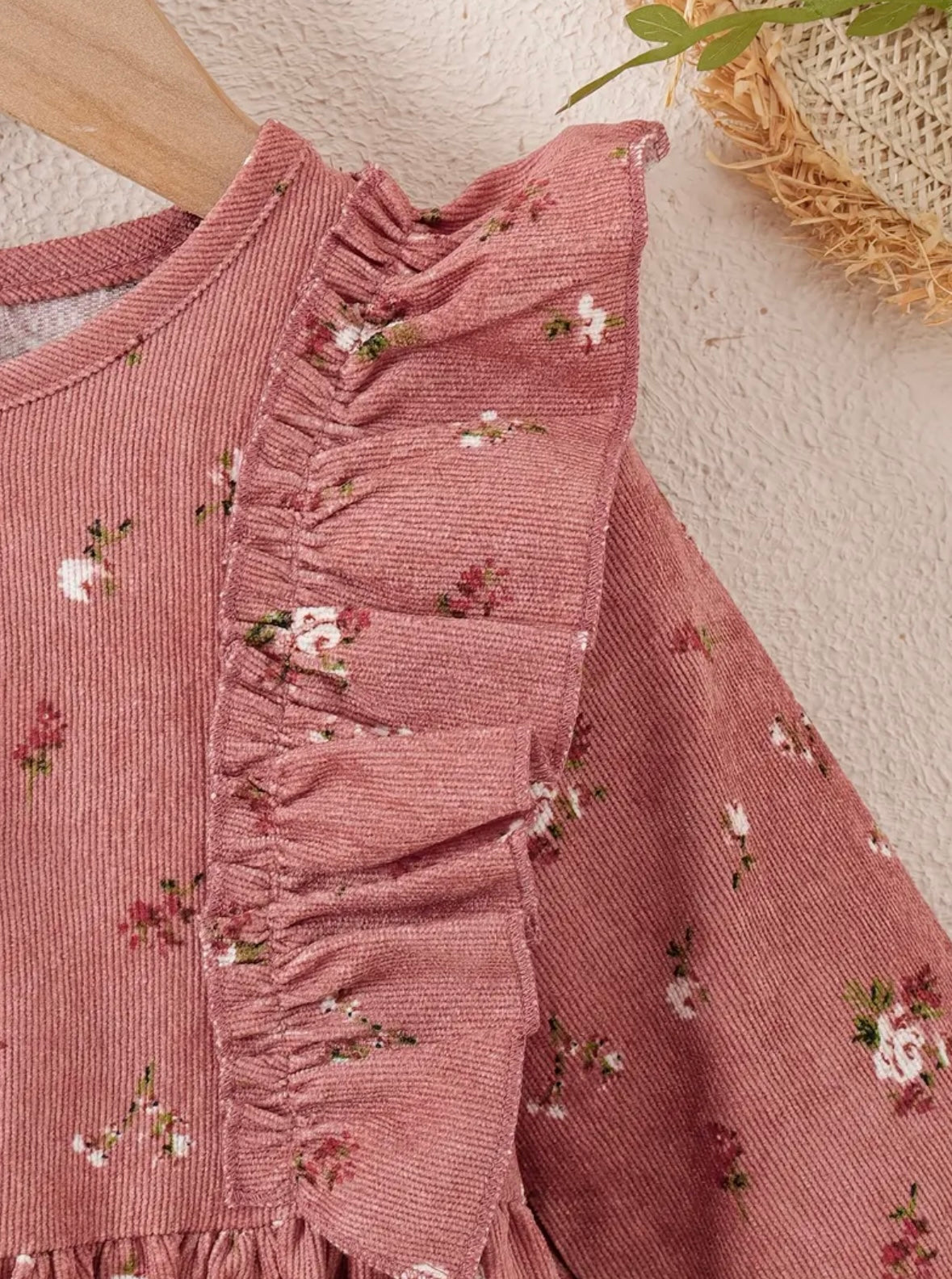Girls’ Pink Floral Ruffle Long-Sleeve Dress | Size 4-5Y