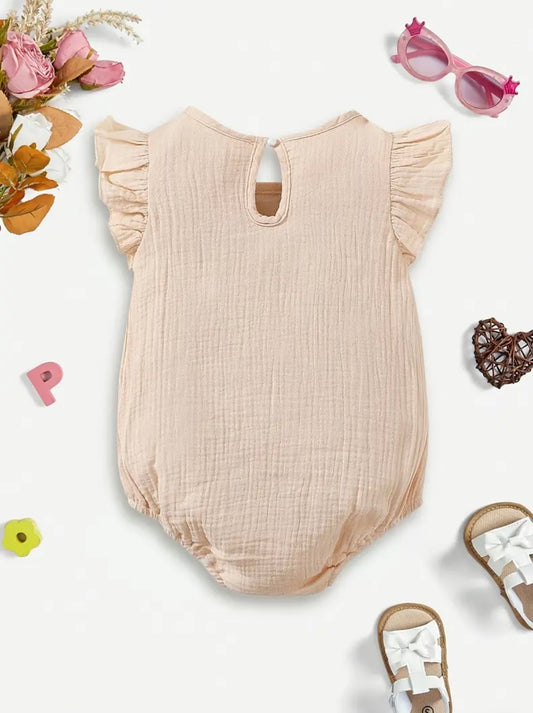 Baby Girl Flutter Sleeve Romper – Embroidered Floral sizes (1-3 months) and (6–9M) are available