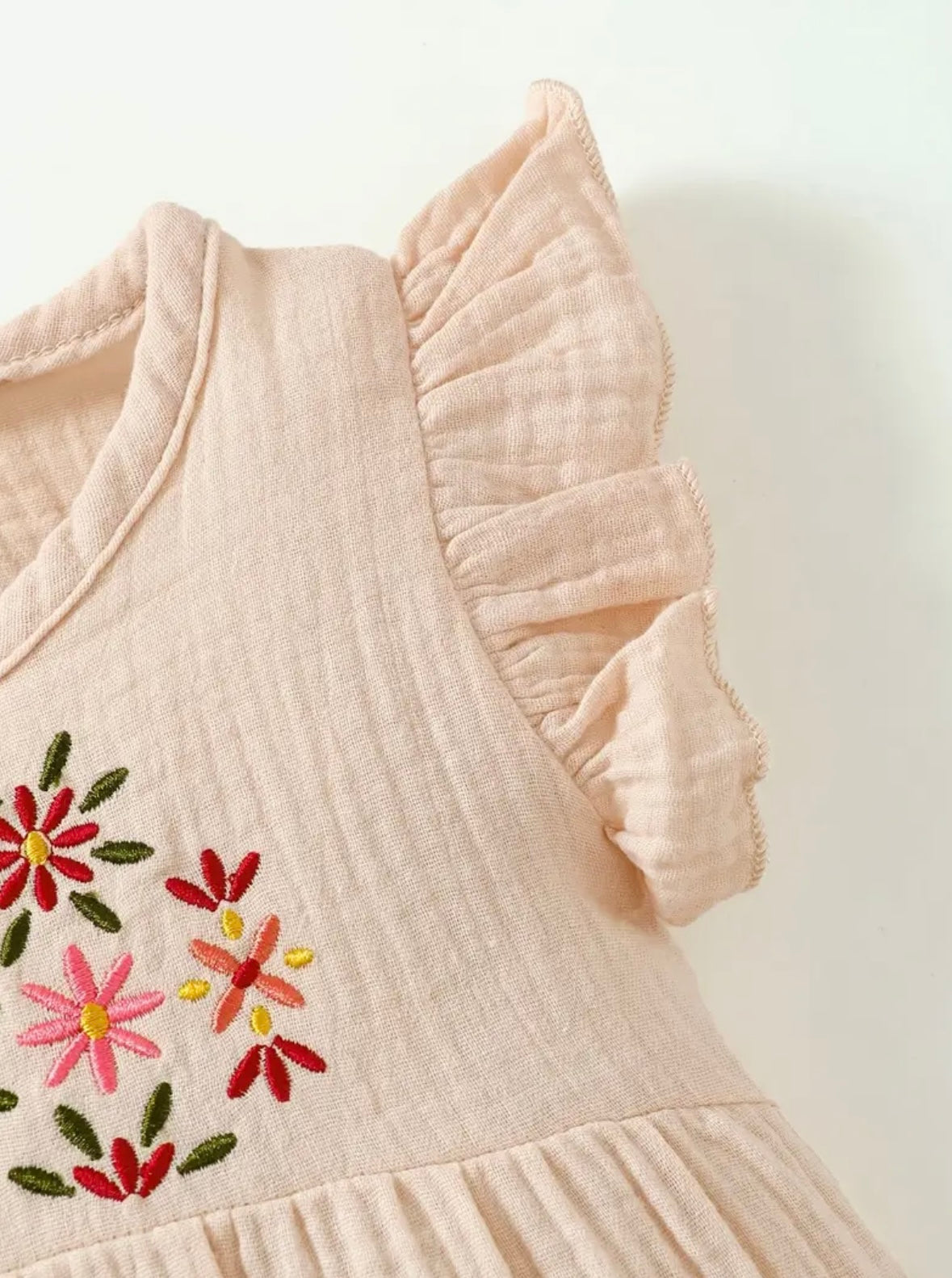 Baby Girl Flutter Sleeve Romper – Embroidered Floral sizes (1-3 months) and (6–9M) are available