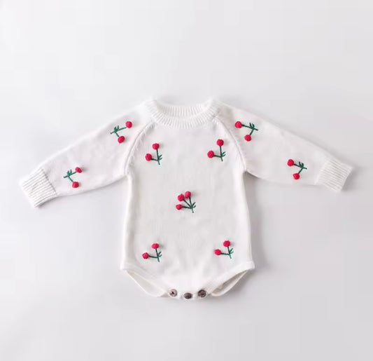 Baby Girl Knit Bodysuit – White with Cherry Embroidery (3–6M)