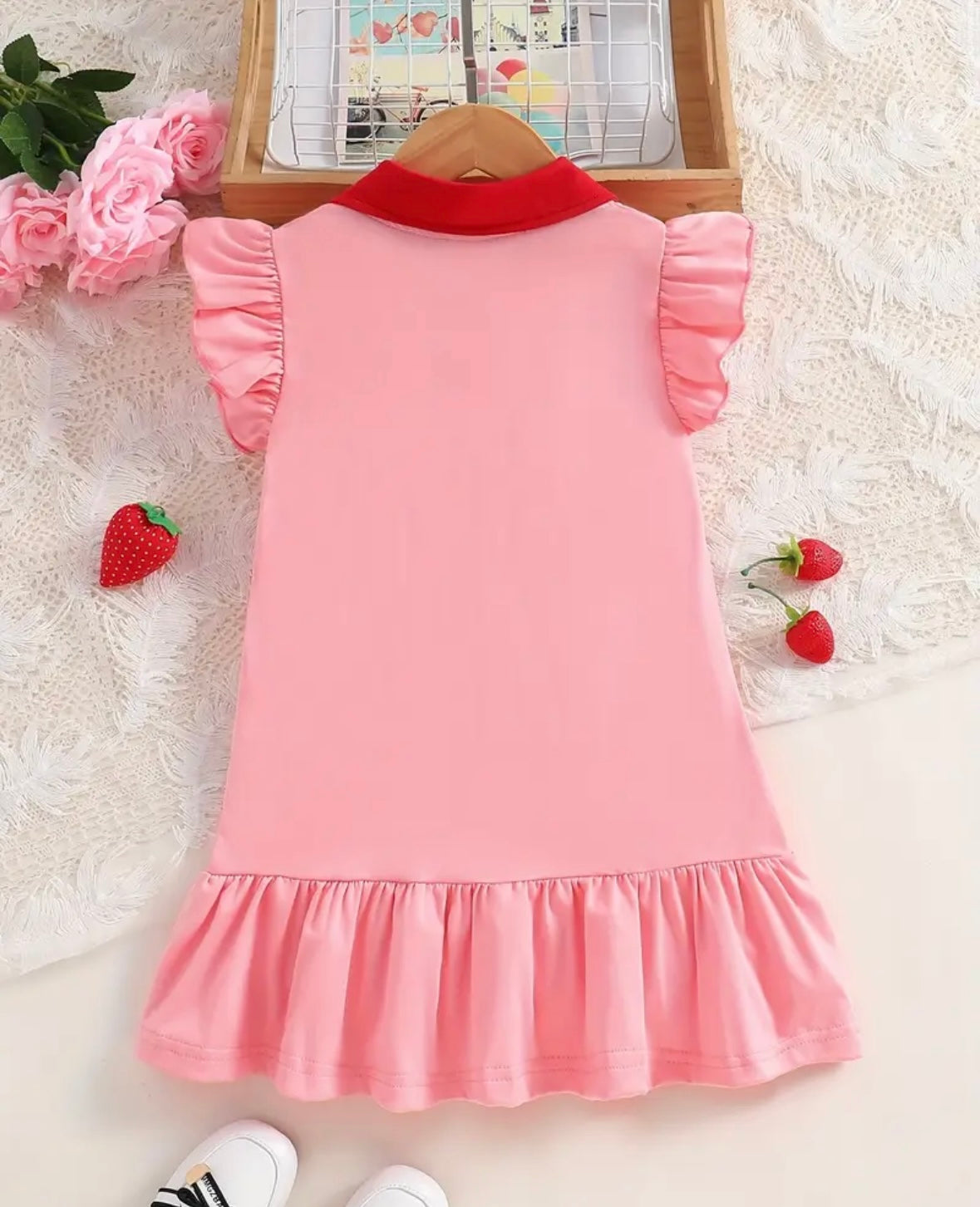 Pink Strawberry Polo Ruffle Dress – 1–2Y
