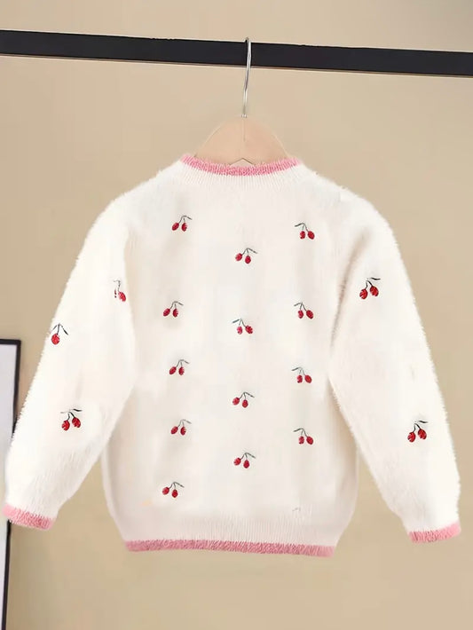 Girls Fluffy Cherry Knit Sweater – Cozy Mink-Like Pullover (Size 3-4Y)