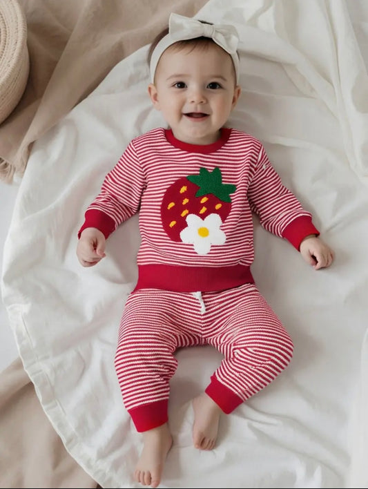 Baby Strawberry Knit Outfit – 2 Piece Sweater & Pants Set (6–12M)
