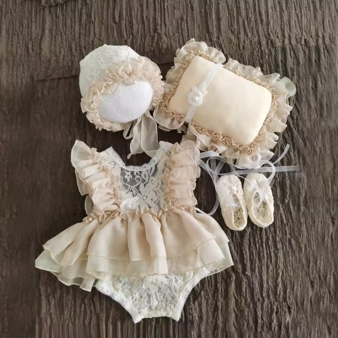 Newborn Baby Girl Photography Outfit Set – Lace Romper, Bonnet, Pillow, Headband & Booties (0–3M)