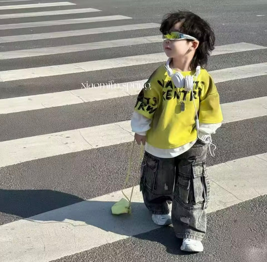 Boys Streetwear 2-Piece Set – Size 3T | Premium Yellow Top & Cargo Jeans Outfit