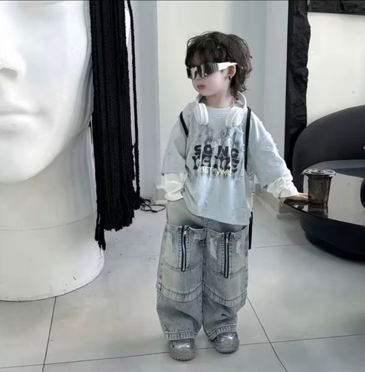 Premium Quality Streetwear Set – Distressed Graphic Tee & Wide-Leg Zipper Jeans (Size 3T)