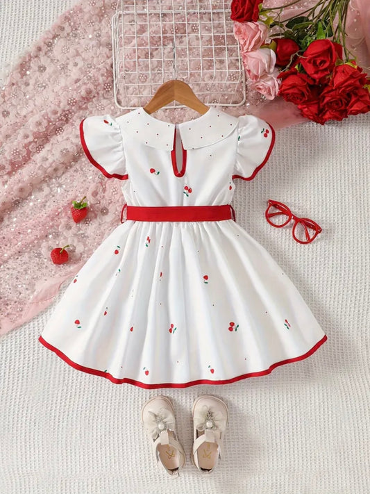 Cherry Blossom Toddler Dress – 18-24 Months | White & Red Vintage Style with Bow