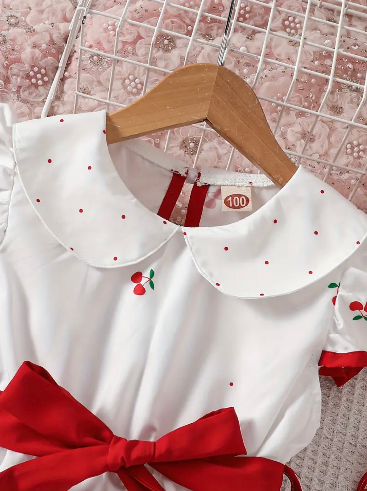 Cherry Blossom Toddler Dress – 18-24 Months | White & Red Vintage Style with Bow