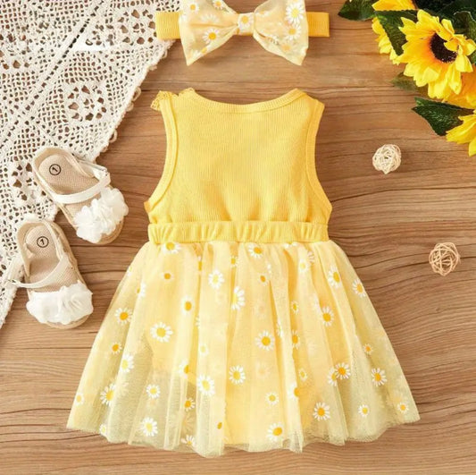 Sunny Daisy Baby Girl Dress – Yellow Outfit with Bow & Matching Headband. Size 9-12M