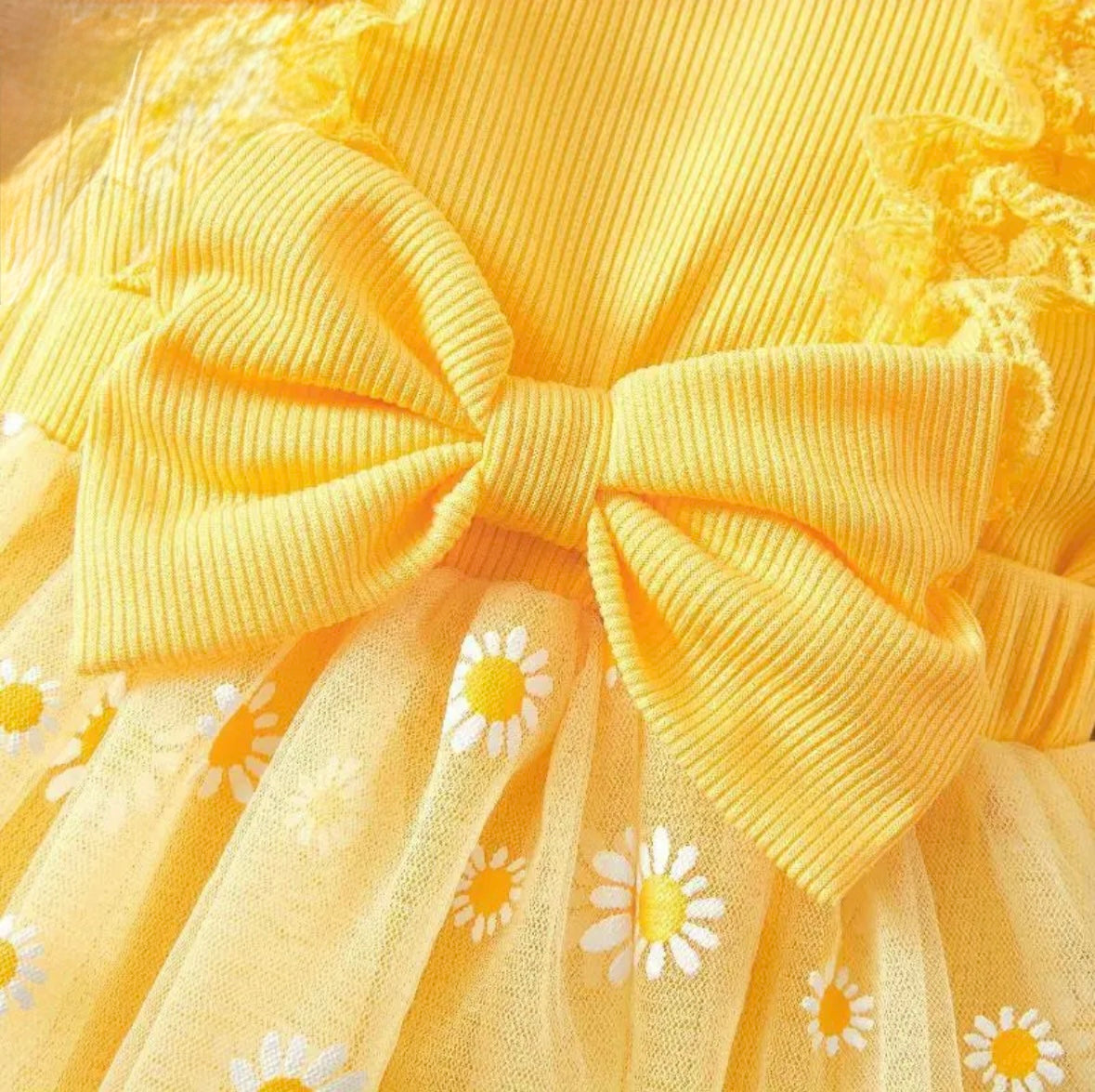 Sunny Daisy Baby Girl Dress – Yellow Outfit with Bow & Matching Headband. Size 9-12M