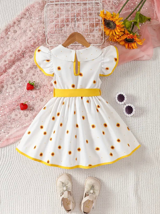 Sunflower Puff Sleeve Dress with Bow – Size 2–3Y