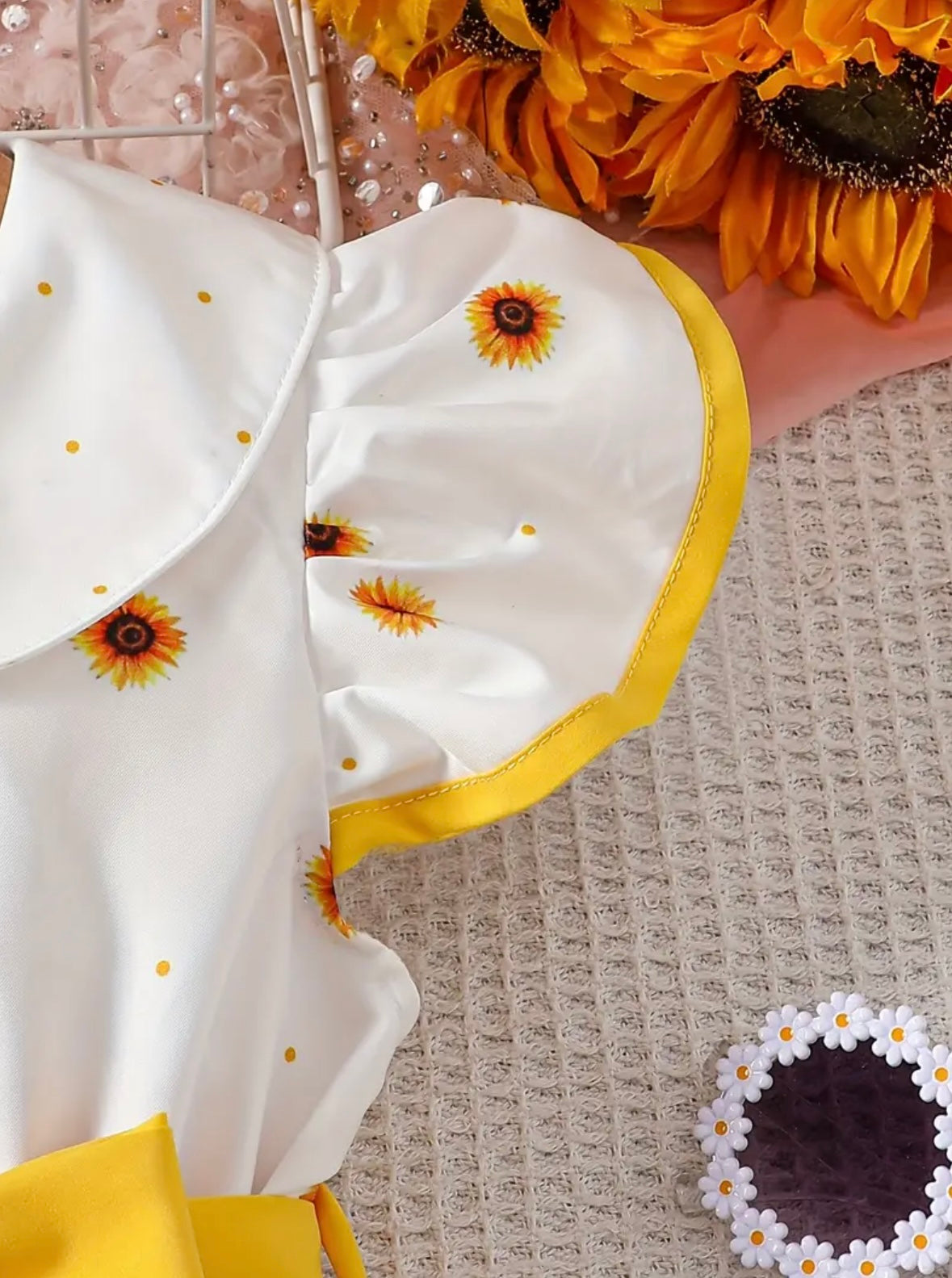 Sunflower Puff Sleeve Dress with Bow – Size 2–3Y