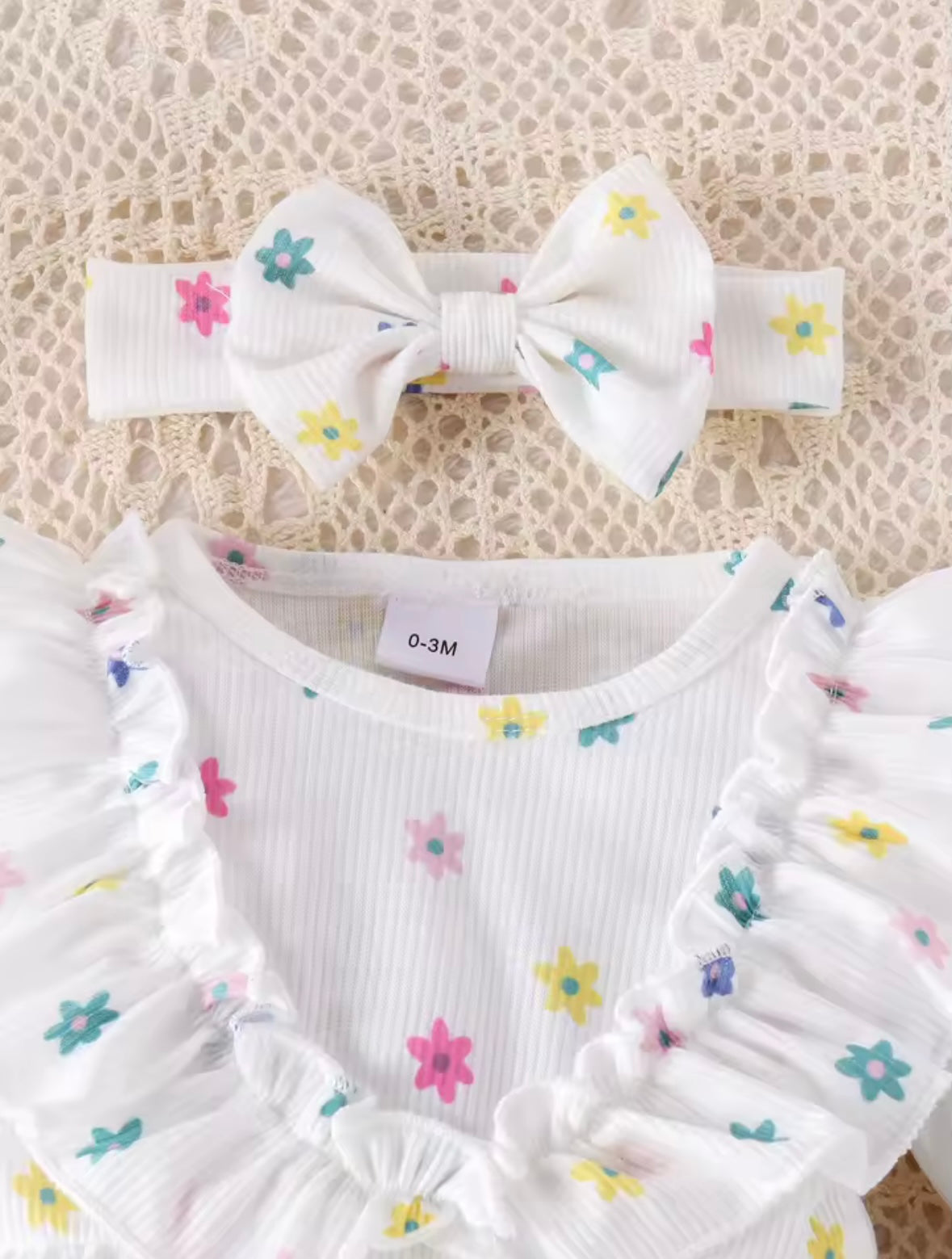 Baby Girl Floral Ruffle Romper Dress Set with Headband & Socks – 0–3M