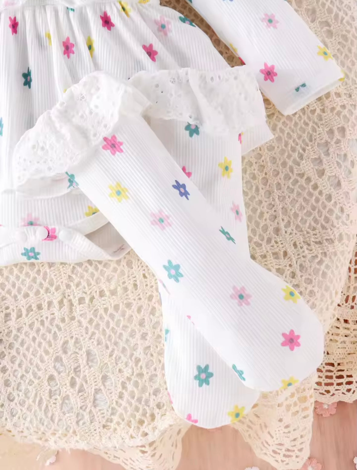 Baby Girl Floral Ruffle Romper Dress Set with Headband & Socks – 0–3M