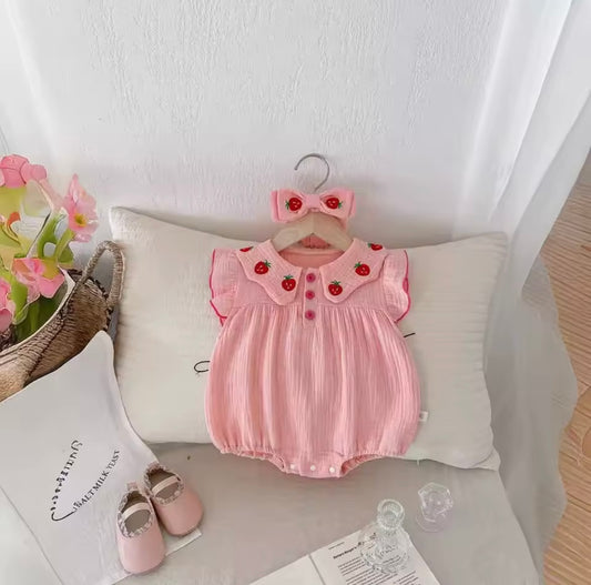 Strawberry Embroidered Muslin Cotton Romper with Headband – Baby Girl 0–3M
