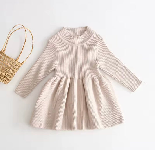 Premium Ribbed Knit Long Sleeve Dress – Beige (Size 3T)