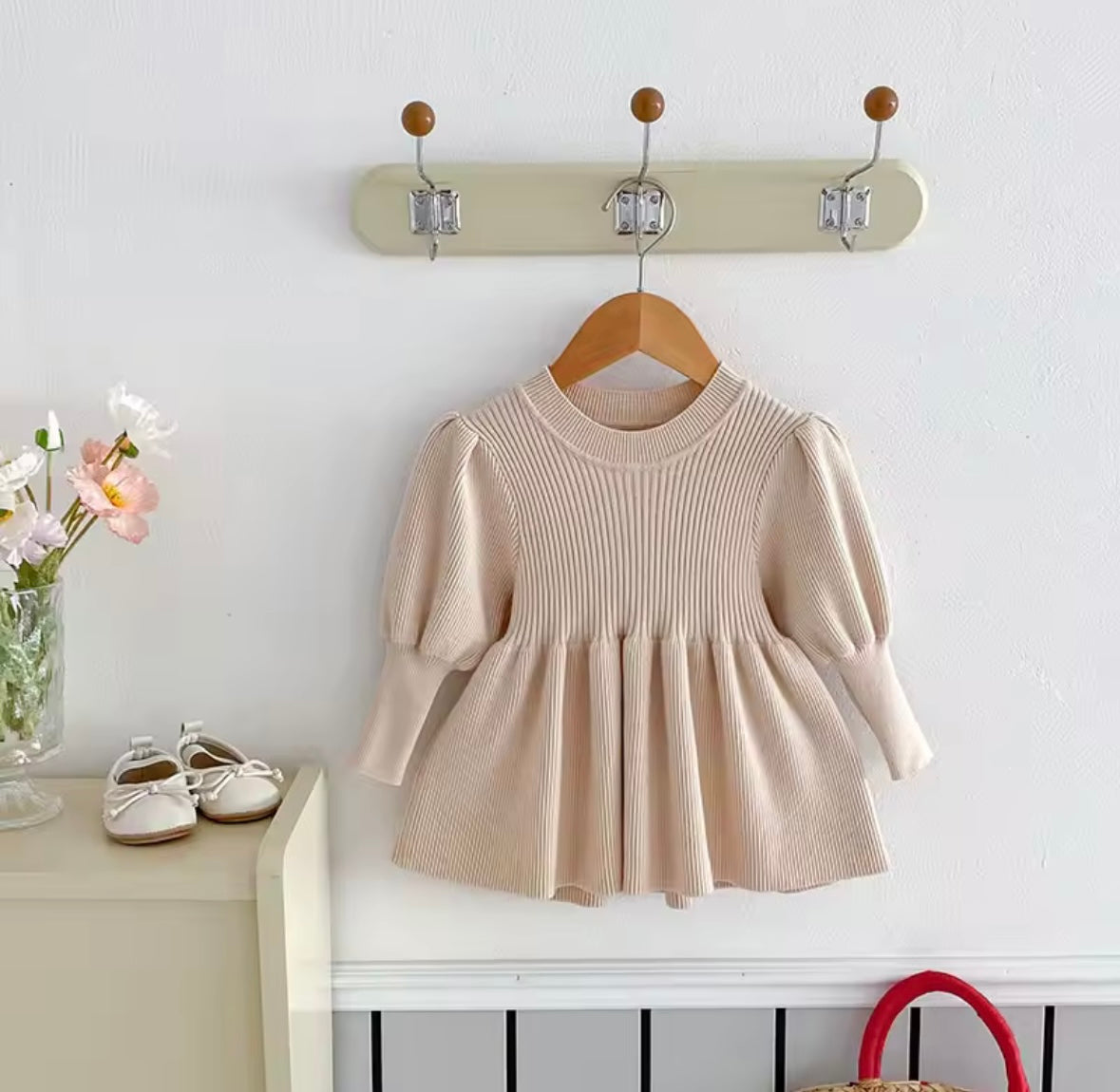 Premium Ribbed Knit Long Sleeve Dress – Beige (Size 3T)