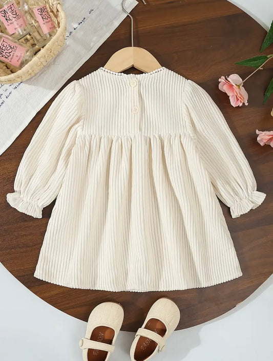 Embroidered Corduroy-Style Long Sleeve Dress – Cream, sizes available 18-24m, and size 2T.