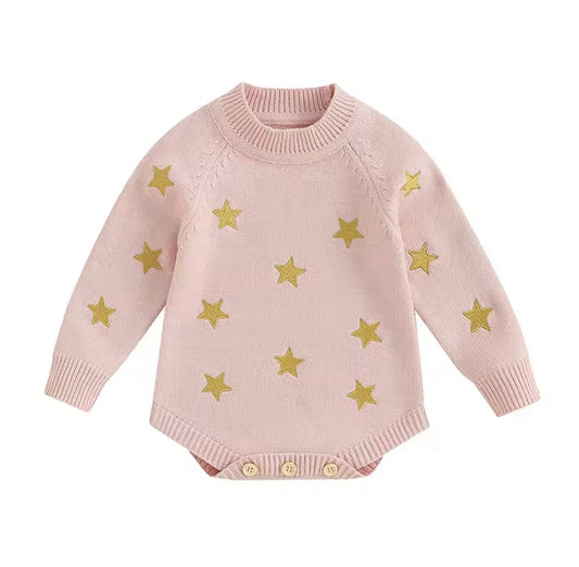 ✨ Pink Knit Baby Romper with Gold Stars – Size 3–6M ✨