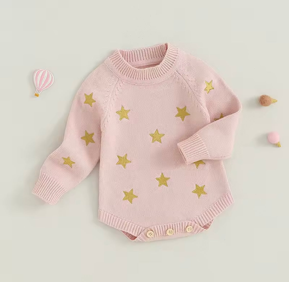 ✨ Pink Knit Baby Romper with Gold Stars – Size 3–6M ✨