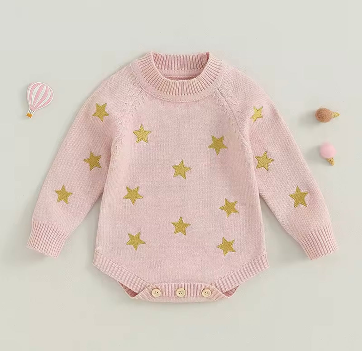 ✨ Pink Knit Baby Romper with Gold Stars – Size 3–6M ✨