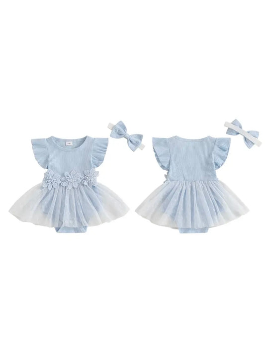 🌸 Baby Blue Floral Tutu Romper with Headband – Size 3–6M 🌸