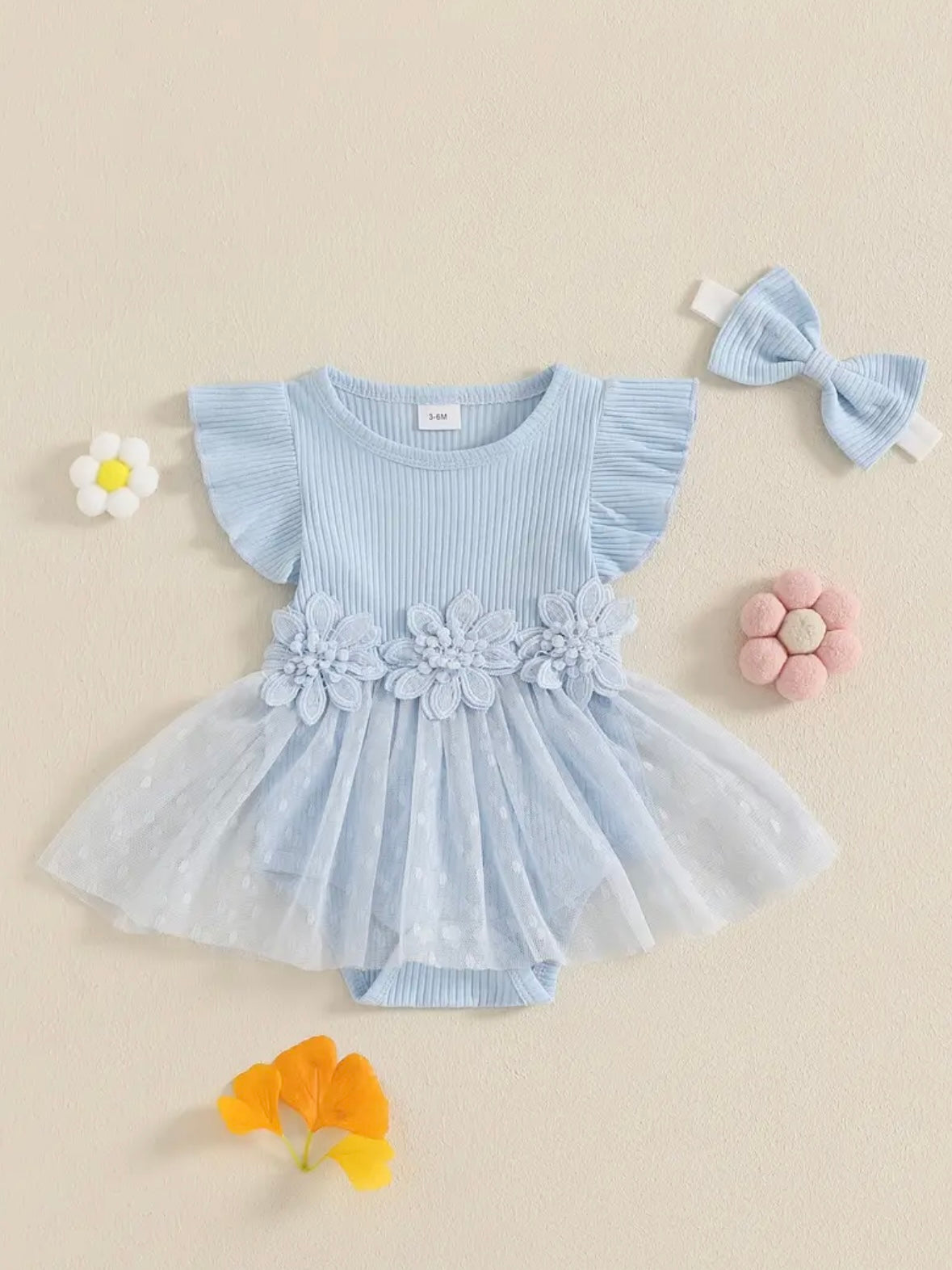 🌸 Baby Blue Floral Tutu Romper with Headband – Size 3–6M 🌸