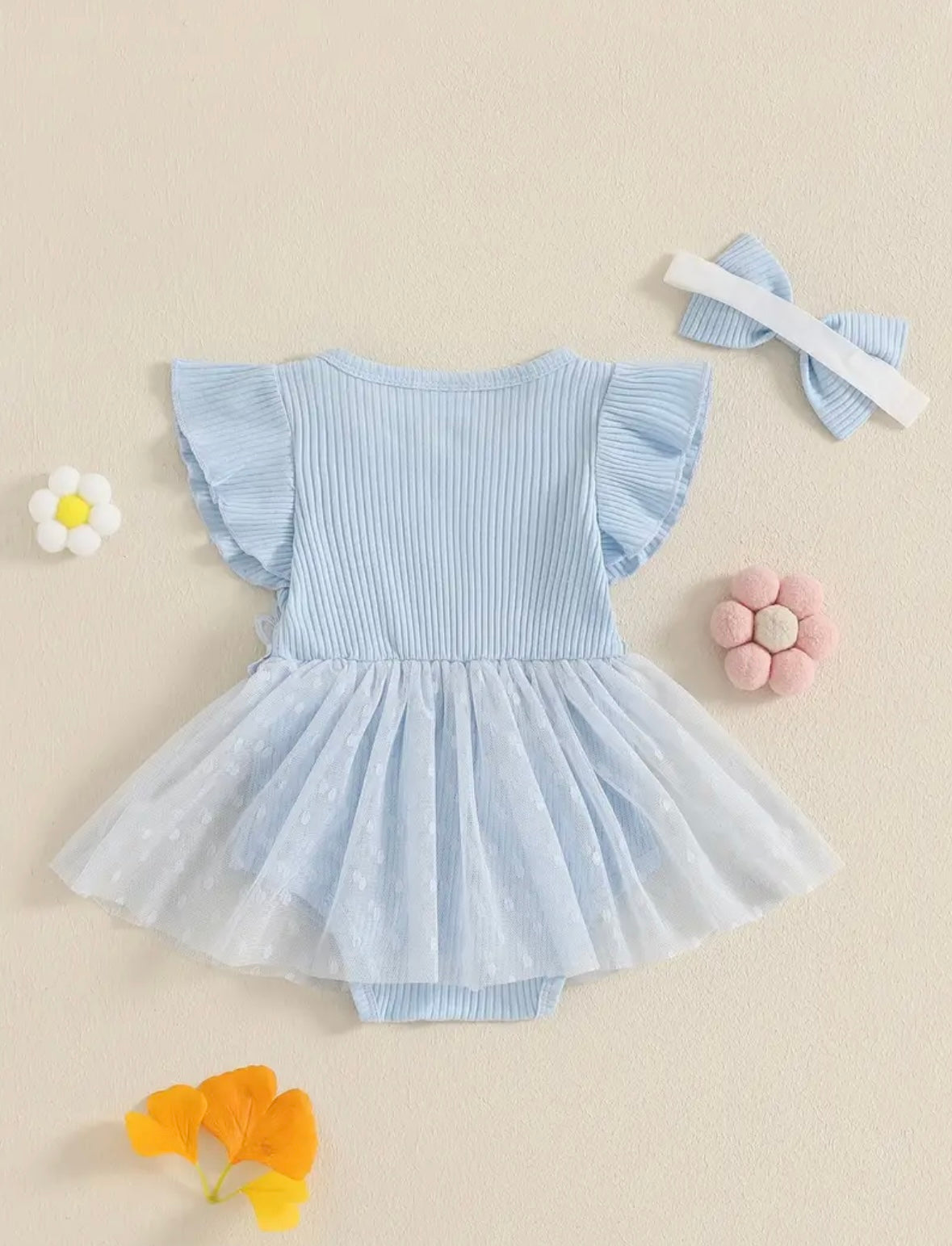 🌸 Baby Blue Floral Tutu Romper with Headband – Size 3–6M 🌸