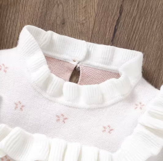 🤍 White Knit Baby Romper with Ruffle Collar – Size 0–3M 🤍