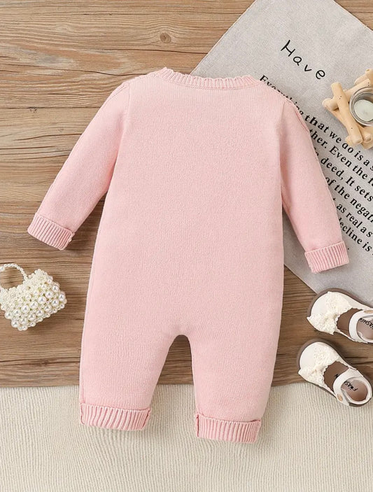 Baby Girl Knit Romper – Pink Embroidered Flowers (0–3M)