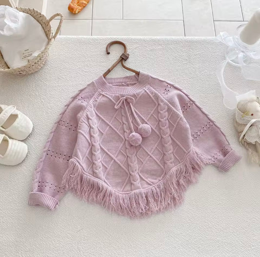 Toddler Girls’ Knit Poncho Sweater – Soft Pink Fringe with Pom-Poms (3T)