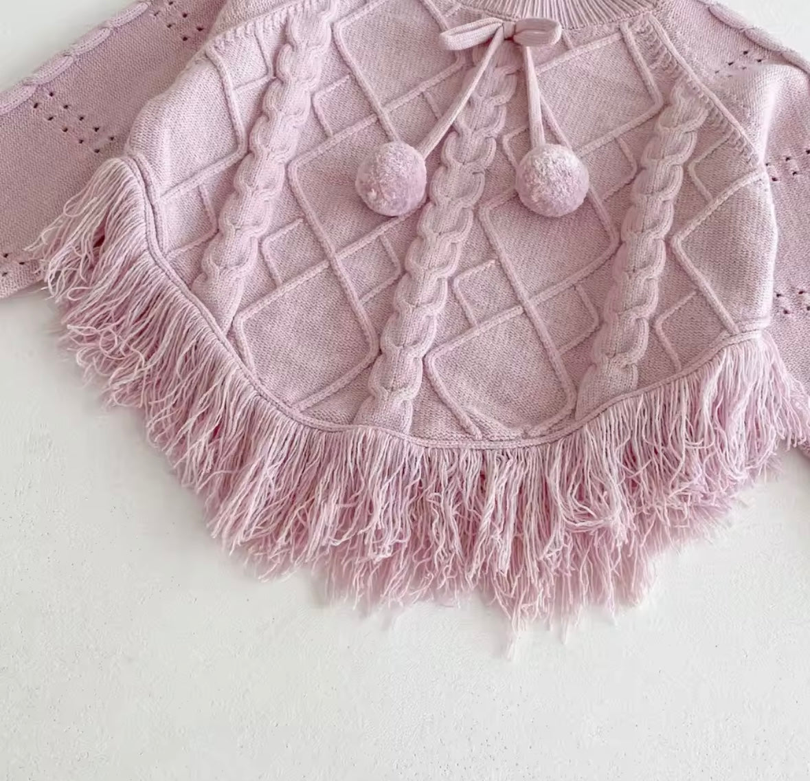 Toddler Girls’ Knit Poncho Sweater – Soft Pink Fringe with Pom-Poms (3T)
