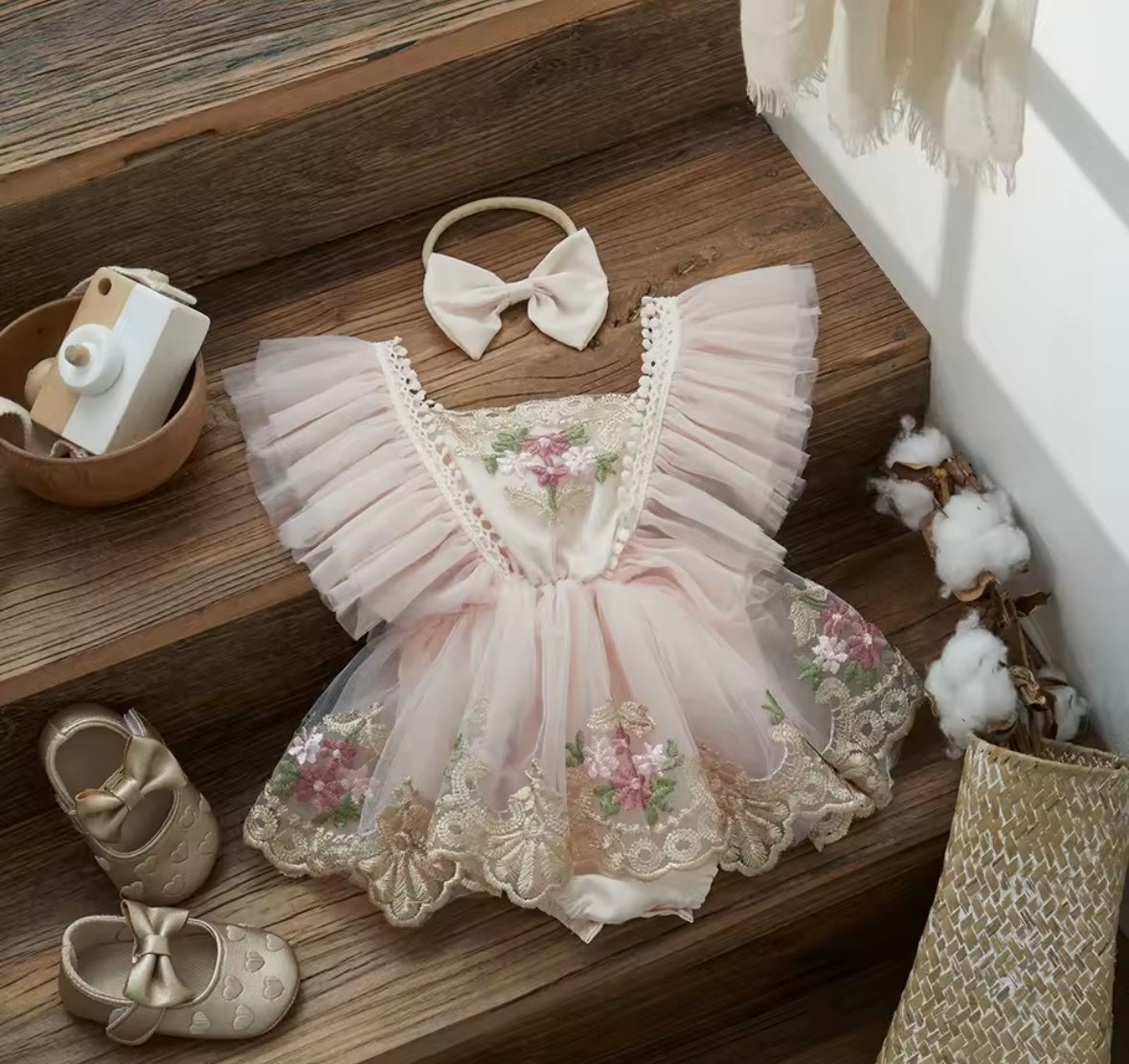 Baby Girl Tulle Romper Dress with Embroidered Flowers + Matching Bow Headband (3–6M)