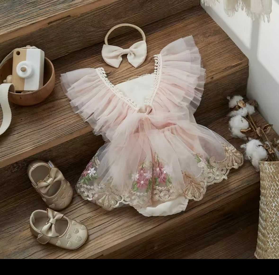 Baby Girl Tulle Romper Dress with Embroidered Flowers + Matching Bow Headband (3–6M)