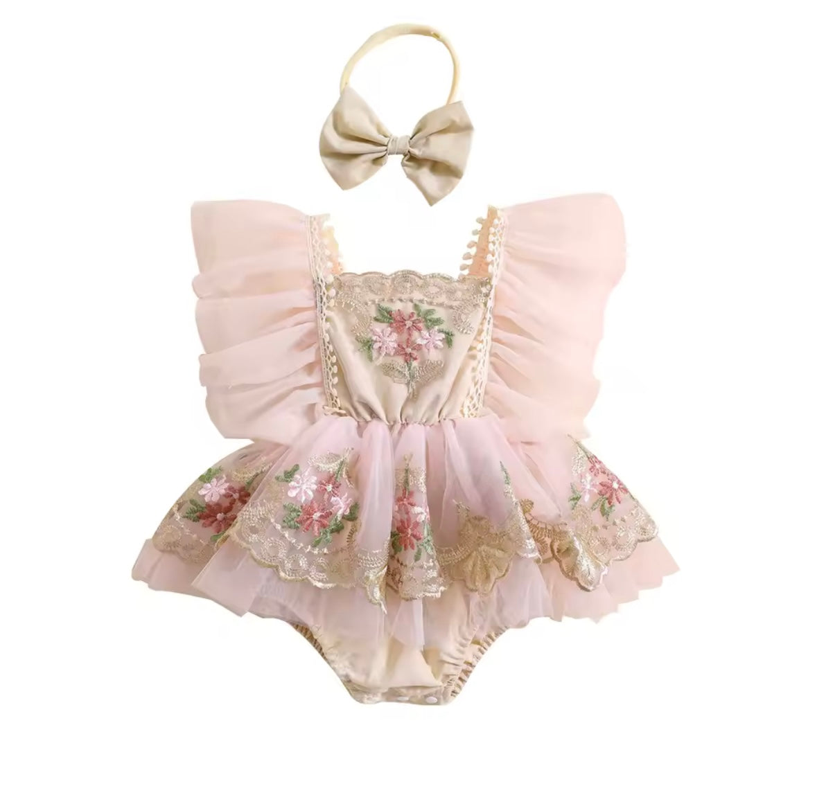 Baby Girl Tulle Romper Dress with Embroidered Flowers + Matching Bow Headband (3–6M)