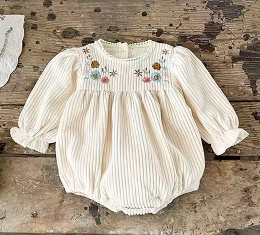Premium Soft Corduroy Baby Romper – Embroidered Floral Detail – Long Sleeve – Size 3-6M